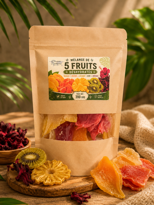 Mélange de 5 Fruits Déshydratés Exotiques – Ananas, Mangue, Papaye, Kiwi et Hibiscus