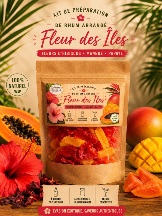 Kit de Préparation Rhum Arrangé "Fleur des Îles" – Mangue, Papaye et Hibiscus