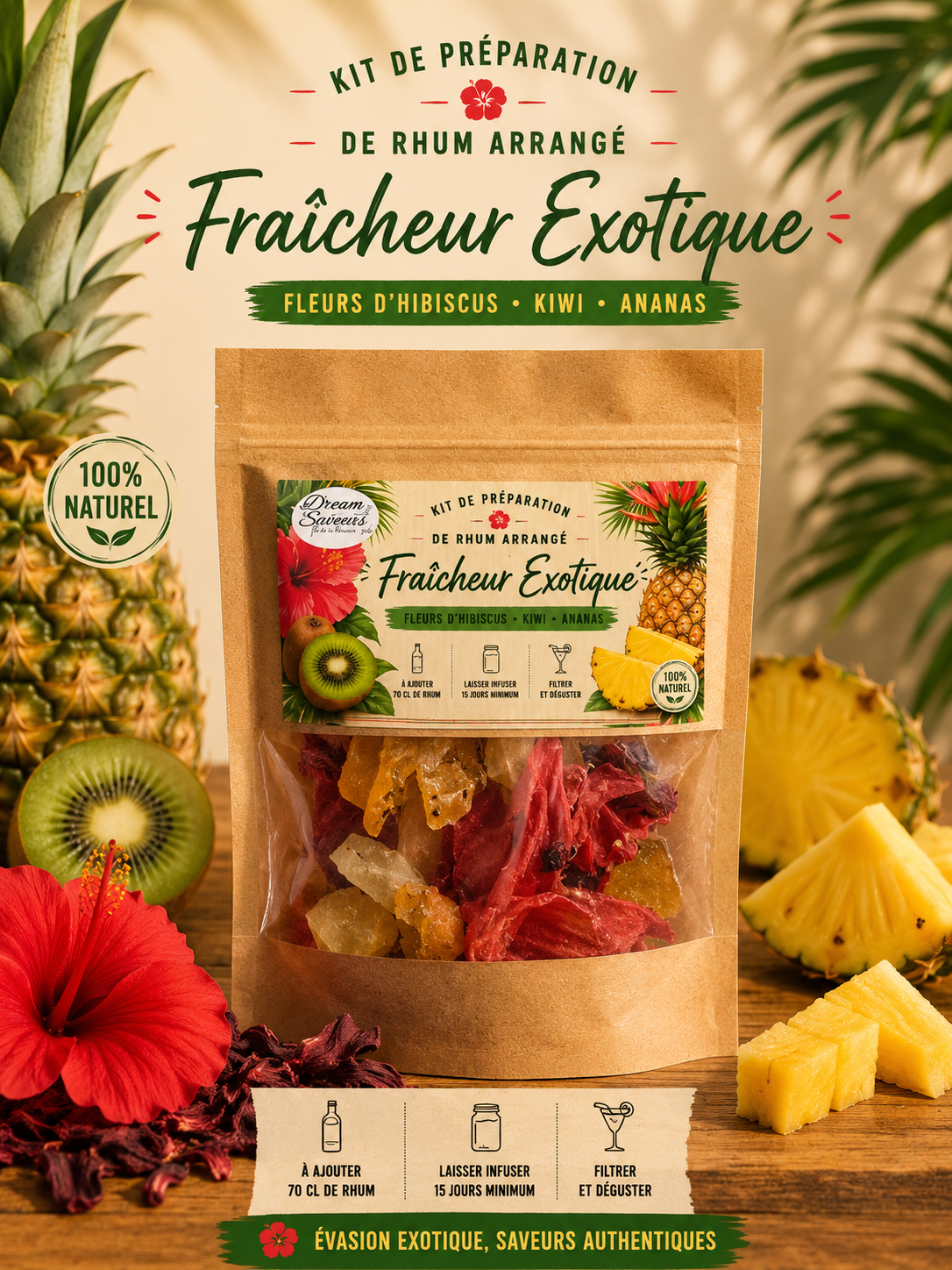 Kit de Préparation Rhum Arrangé "Fraîcheur Exotique" – Ananas, Kiwi et Hibiscus
