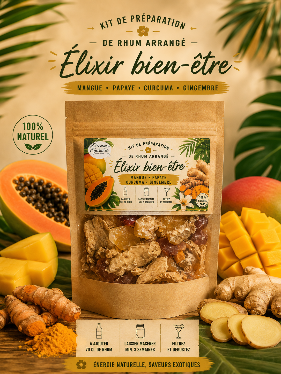 Kit de Préparation Rhum Arrangé Élixir Bien-Être – Mangue, Papaye, Curcuma et Gingembre